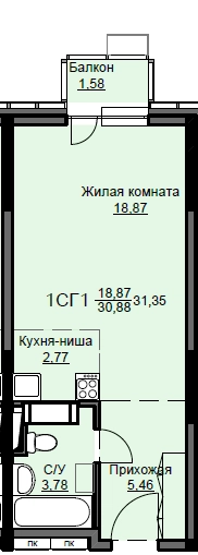 Студия 32 м² Соболевка