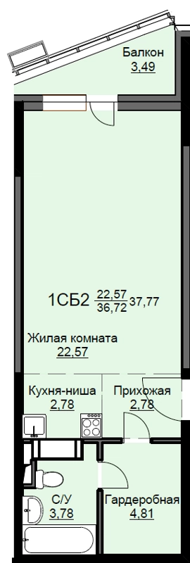 Студия 38.1 м² Соболевка