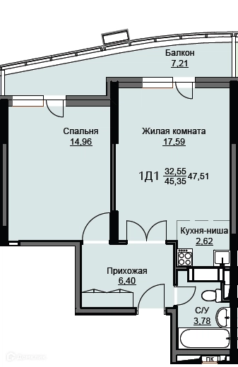 1-комнатная квартира 47.8 м² Соболевка