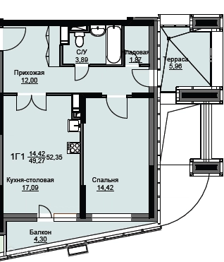 1-комнатная квартира 53 м² Соболевка