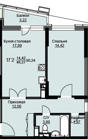 1-комнатная квартира 50.8 м² Соболевка