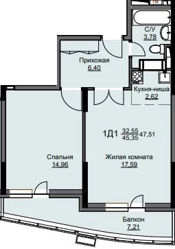 1-комнатная квартира 47.8 м² Соболевка