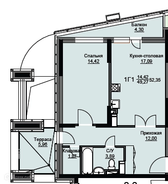 1-комнатная квартира 52.8 м² Соболевка