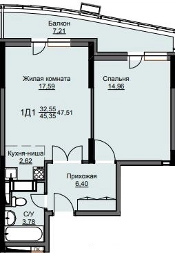 1-комнатная квартира 47.9 м² Соболевка