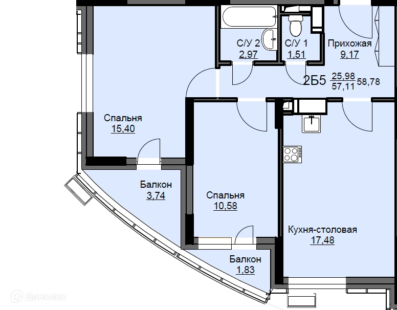 2-комнатная квартира 59.2 м² Соболевка