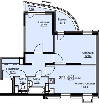 2-комнатная квартира 54.9 м² Соболевка