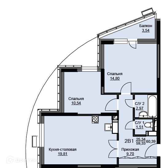 2-комнатная квартира 61.1 м² Соболевка