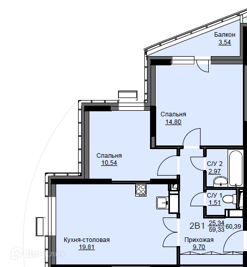 2-комнатная квартира 60.9 м² Соболевка