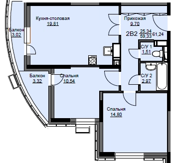 2-комнатная квартира 62.1 м² Соболевка