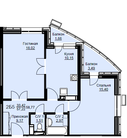 2-комнатная квартира 59.2 м² Соболевка