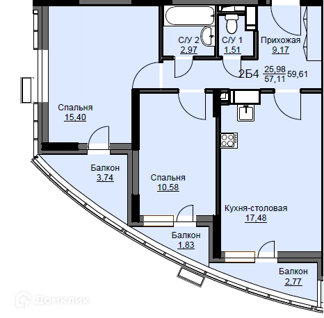 2-комнатная квартира 60.1 м² Соболевка