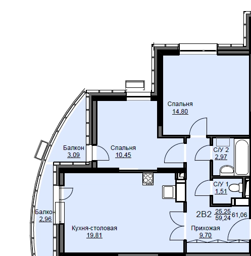 2-комнатная квартира 60.7 м² Соболевка