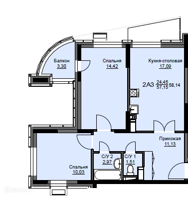 2-комнатная квартира 58.1 м² Соболевка