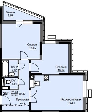 2-комнатная квартира 60.8 м² Соболевка