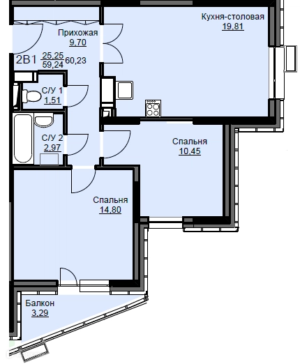 2-комнатная квартира 61 м² Соболевка