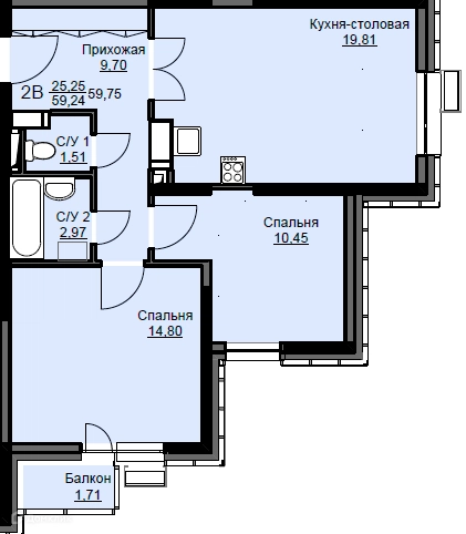 2-комнатная квартира 60.5 м² Соболевка