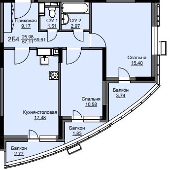 2-комнатная квартира 60.2 м² Соболевка