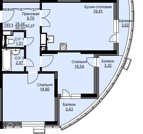 2-комнатная квартира 62.7 м² Соболевка