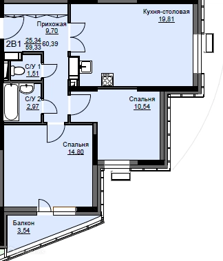 2-комнатная квартира 60.6 м² Соболевка