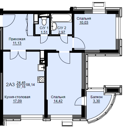 2-комнатная квартира 58 м² Соболевка