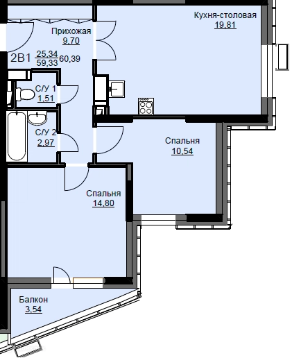 2-комнатная квартира 60.8 м² Соболевка