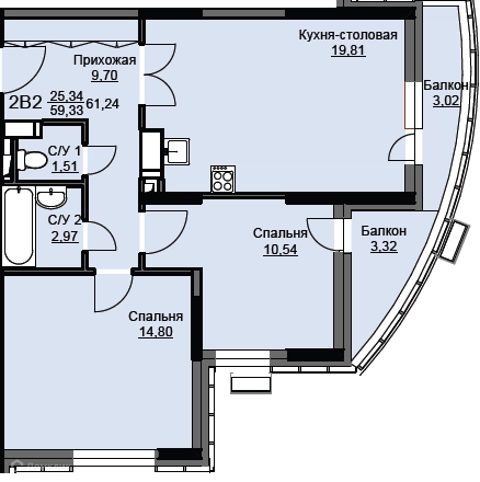 2-комнатная квартира 61.8 м² Соболевка