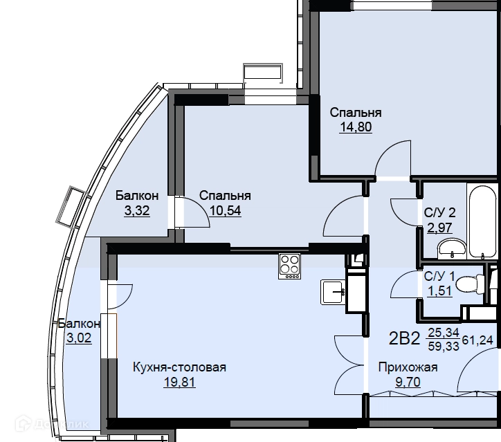 2-комнатная квартира 62.1 м² Соболевка