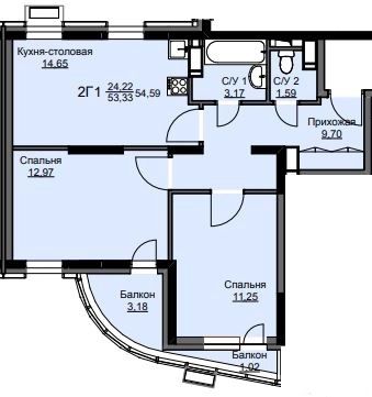2-комнатная квартира 55 м² Соболевка