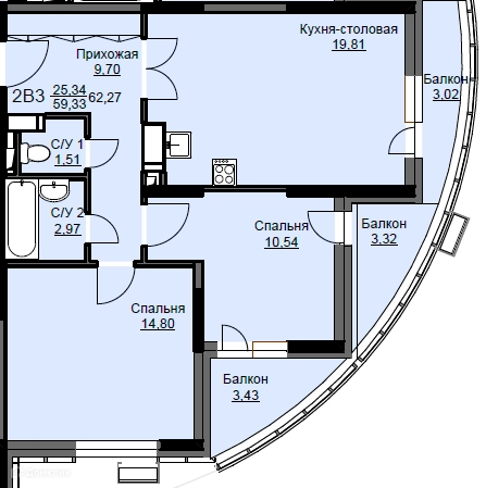 2-комнатная квартира 62.9 м² Соболевка