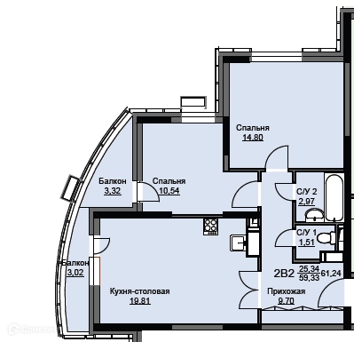 2-комнатная квартира 62.2 м² Соболевка