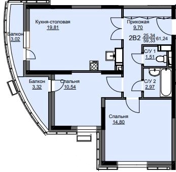 2-комнатная квартира 62 м² Соболевка