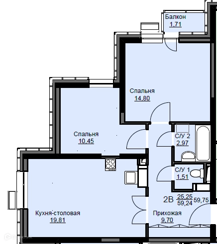2-комнатная квартира 60.3 м² Соболевка