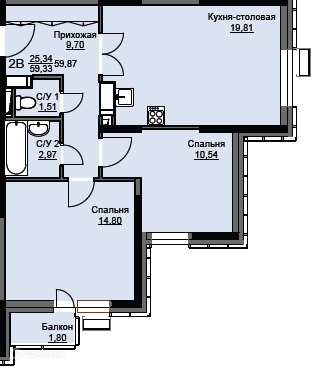 2-комнатная квартира 60.4 м² Соболевка