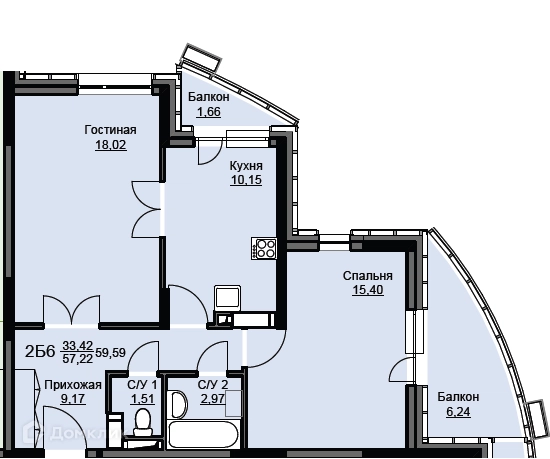 2-комнатная квартира 60.1 м² Соболевка