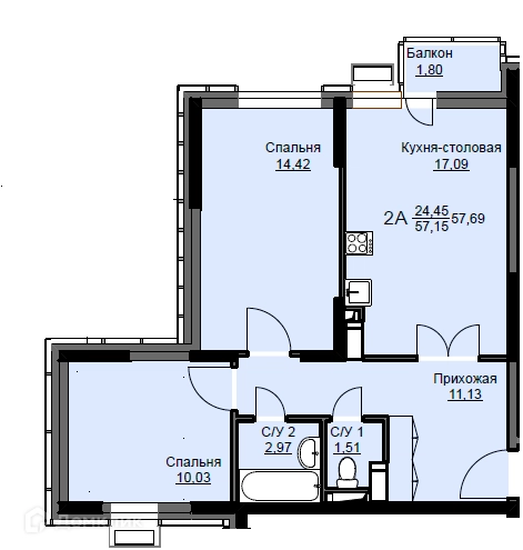 2-комнатная квартира 59.9 м² Соболевка
