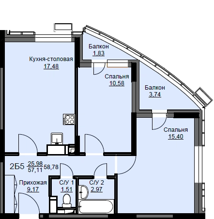 2-комнатная квартира 59 м² Соболевка