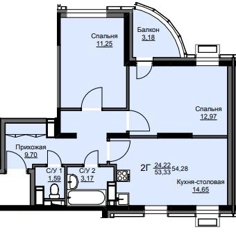 2-комнатная квартира 54.8 м² Соболевка