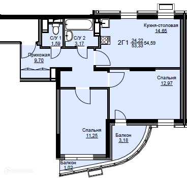 2-комнатная квартира 54.8 м² Соболевка