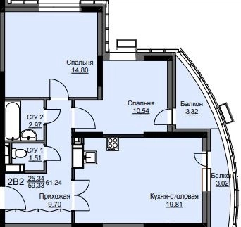 2-комнатная квартира 62.2 м² Соболевка