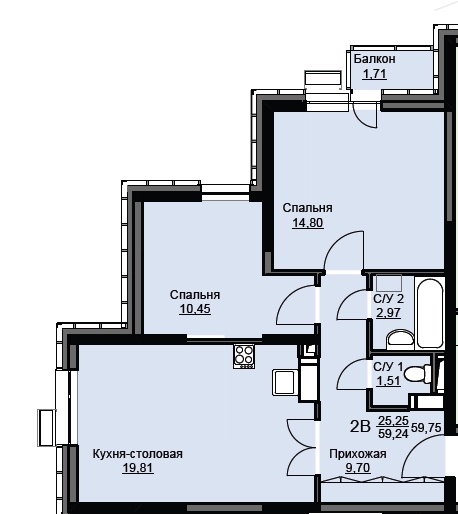 2-комнатная квартира 60.4 м² Соболевка