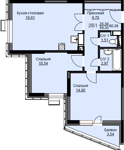 2-комнатная квартира 61 м² Соболевка