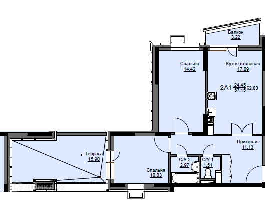 2-комнатная квартира 63.4 м² Соболевка