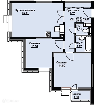 2-комнатная квартира 60.3 м² Соболевка