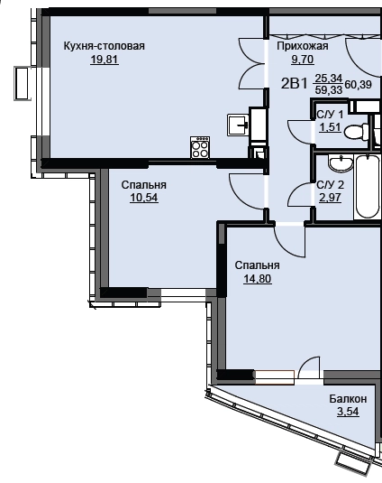 2-комнатная квартира 60.9 м² Соболевка