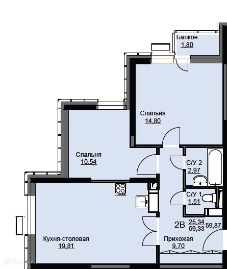 2-комнатная квартира 60.3 м² Соболевка