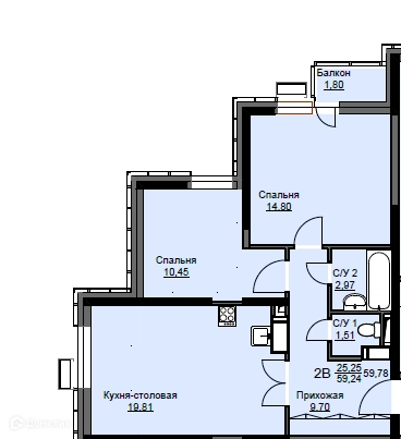 2-комнатная квартира 60.2 м² Соболевка