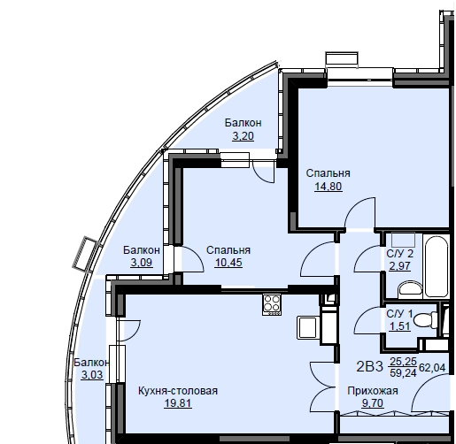 2-комнатная квартира 62.6 м² Соболевка