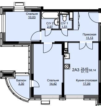 2-комнатная квартира 58.5 м² Соболевка
