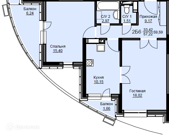 2-комнатная квартира 60.2 м² Соболевка