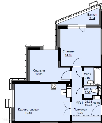 2-комнатная квартира 61 м² Соболевка